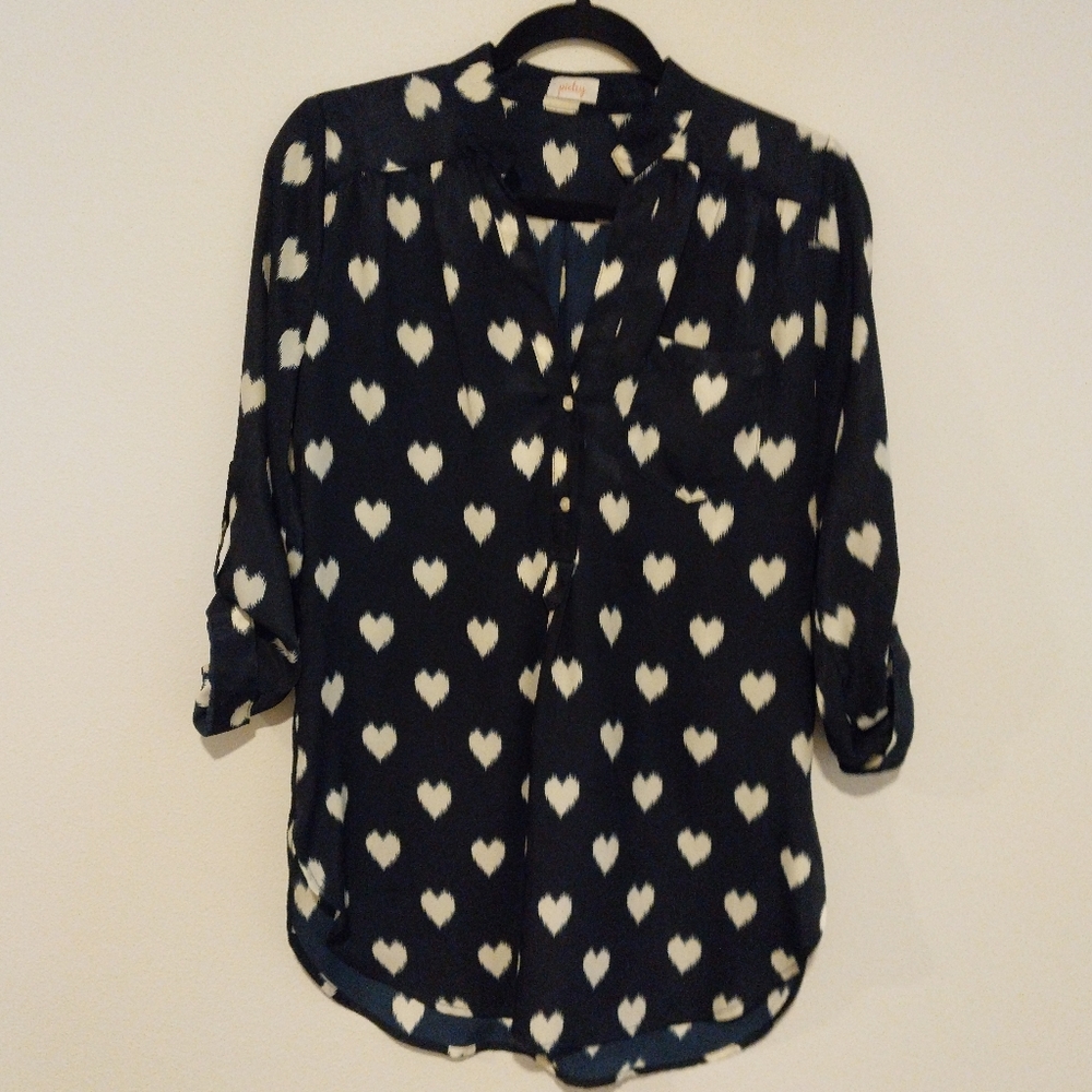 Pixley Navy and White Heart Print Rolled Sleeve Blouse
